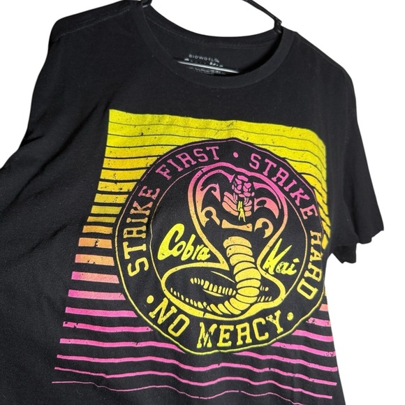 Cobra Kai Strike First Strike Hard No Mercy graphic purple & yellow T Shirt - Picture 8 of 8